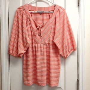 Adrienne Vittadini Smock Topped, Drawstring Blouse, Melon/White Striped,SIZE XL